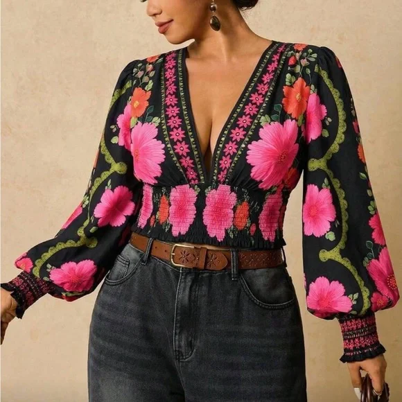 Plus Size Romantic Bohemian Floral Print Long Sleeve Tie Front Blouse Shirt - Picture 12 of 14